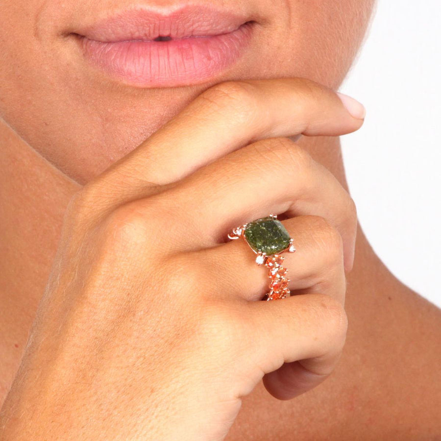 Rose Gold over 925 Sterling Silver Pave Olive Green Stone Ring - www.LaBellaDentro.com