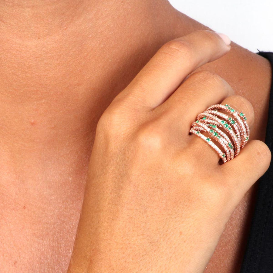 Rose Gold Plated over 925 Sterling Silver Multi-Row Pave Statement Ring- Green - www.LaBellaDentro.com