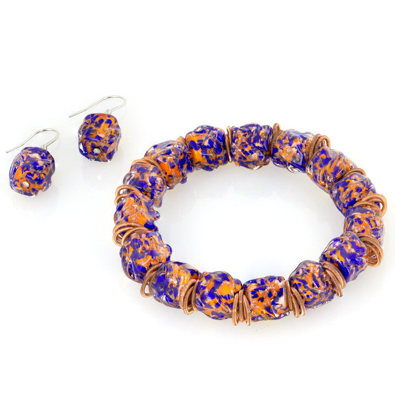 SIERRA – Murano Glass Beads Set with Earrings and Bracelet, Orange and Blue - www.LaBellaDentro.com