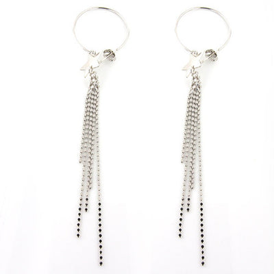Long Hoop Earrings in Sterling Silver with Hanging Star and Beaded Chain - www.LaBellaDentro.com