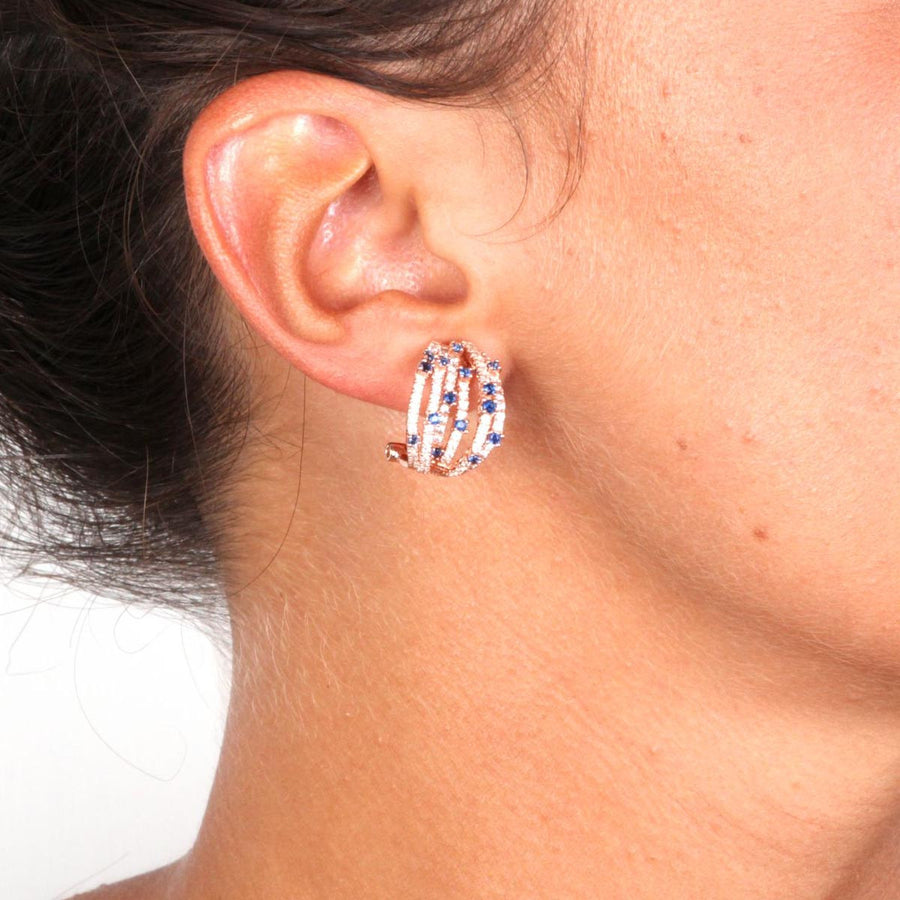 Rose Gold Over 925 Sterling Silver Multi-Row Pave Hoop Earrings-Blue - www.LaBellaDentro.com