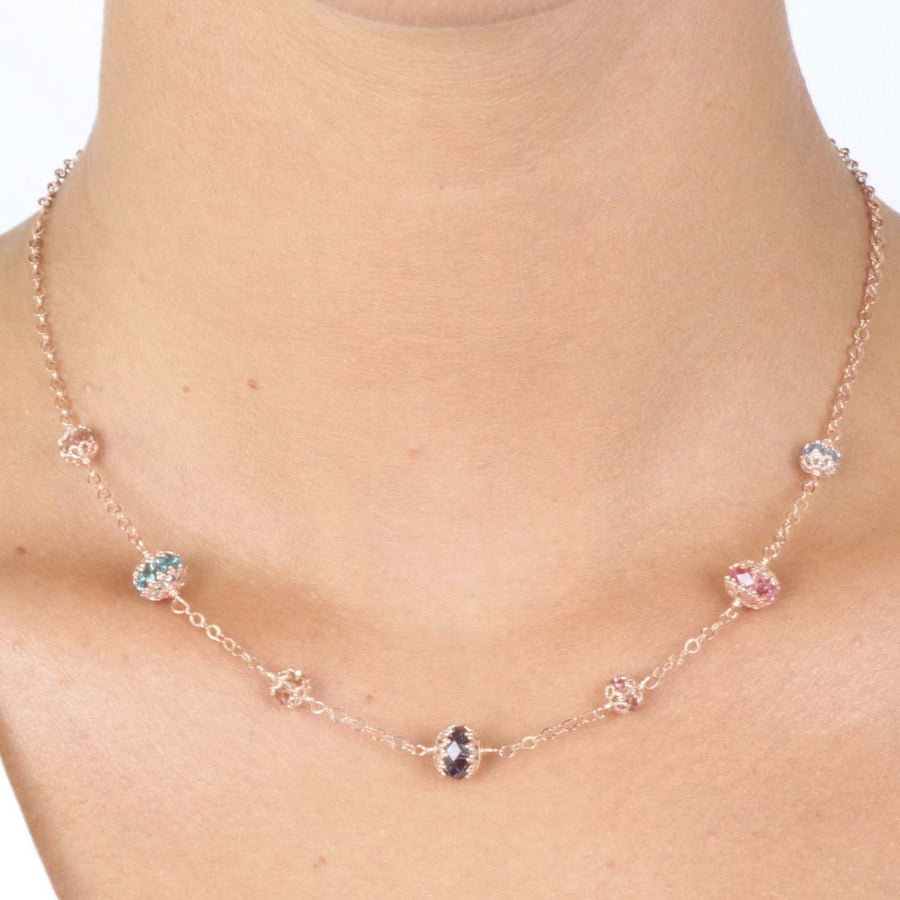 ROSE GOLD OVER SILVER WRAPPED MULTICOLORED SWAROVSKI CRYSTAL NECKLACE - www.LaBellaDentro.com
