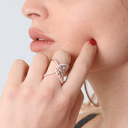 ROSE GOLD OVER SILVER CROSSOVER RING WRAPPED IN MULTICOLORED CUBIC ZIRCONIA - www.LaBellaDentro.com