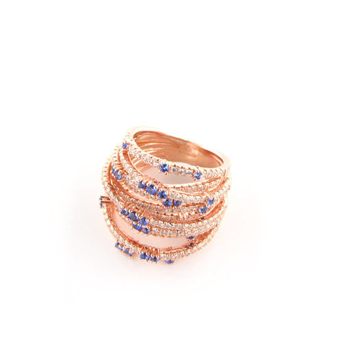 Rose Gold Over 925 Sterling Silver Multi-Row Pave Statement Ring- Blue - www.LaBellaDentro.com