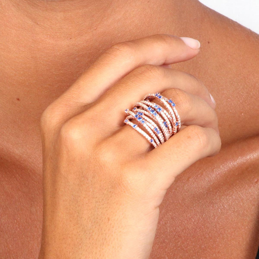 Rose Gold Over 925 Sterling Silver Multi-Row Pave Statement Ring- Blue - www.LaBellaDentro.com