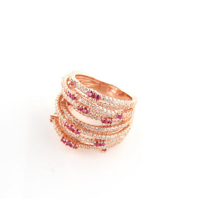 Rose Gold Plated over 925 Sterling Silver Multi-Row Pave Statement Ring- Red - www.LaBellaDentro.com