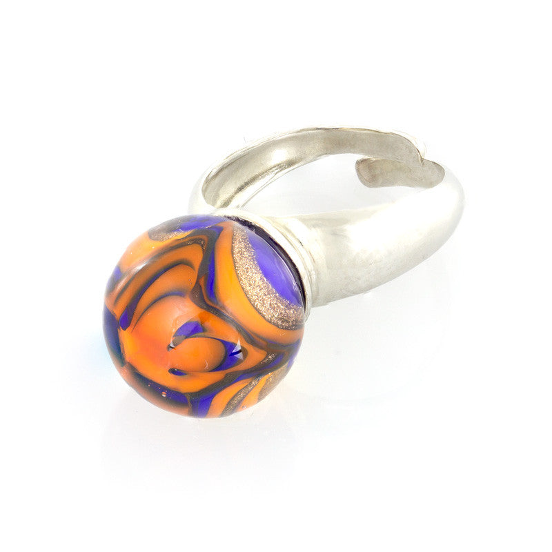 GRAZIA -  Murano Glass Wave Bead Ring, Orange and Blue - www.LaBellaDentro.com