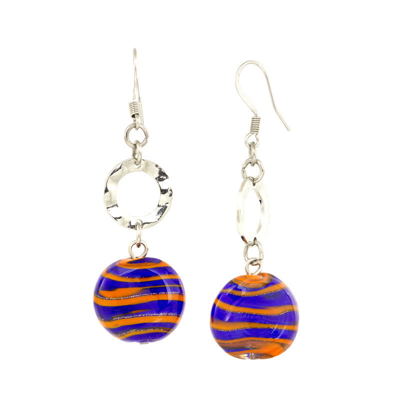 TINA - Orange and Blue Murano Glass Drop Disc Earrings - www.LaBellaDentro.com